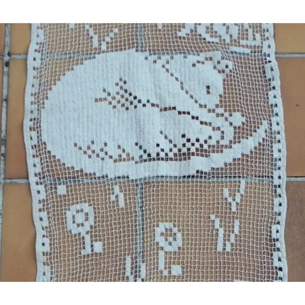 Antique French Figural Filet Lace Cat Sleeping Curtain - Rare Unique Animal